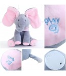 Jucarie Interactiva pentru Copii,Elefantel Peek-a-boo, Muzica, Misca Urechile, Alimentare cu Baterii, 30 cm, Roz-Gri