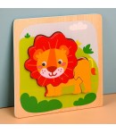 Puzzle Montessori din Lemn pentru Copii, 3D, 0-3 Ani, Model Leu, Educativ, Intuitiv, Creativ, 3 Piese, 15x15x0.5 cm, Multicolor