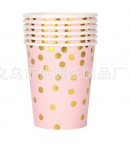 Set 10 Pahare, Imprimeu cu Buline, din Carton, 250 ml, 7.5 x 8.5 x 5.2 cm, Roz/Auriu