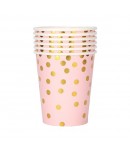 Set 10 Pahare, Imprimeu cu Buline, din Carton, 250 ml, 7.5 x 8.5 x 5.2 cm, Roz/Auriu
