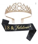 Set 2 Piese pentru Majorat, 15 x 13 x 5 cm, Coronita Printesa Gold si Panglica 18&ampFabu