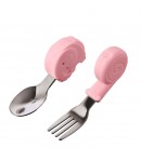 Set tacamuri pentru bebelusi, lingura si furculita, Inox/silicon, 1-3 ani, Model cu animale, Roz