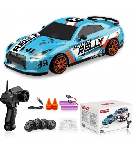 Masina RC Drift 1:24 4WD, Masinuta Telecomandata cu Viteza 15 km/h, Lumini LED, 2 Baterii Reincarcabile Incluse, Cauciucuri Inte