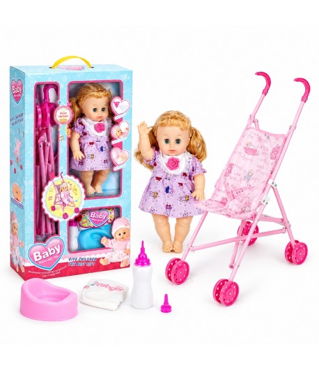 Papusa Bebelus cu Carucior pentru Copii, Set Baby Doll cu Accesorii pentru Ingrijire si Hranire, Jucarie Interactiva pentru Feti