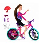 Papusa Sasha 33 cm cu Bicicleta pentru Copii, Papusa Sport cu Accesorii Ciclism Casca si Animalut, Set Jucarie Fashion cu Bicicl
