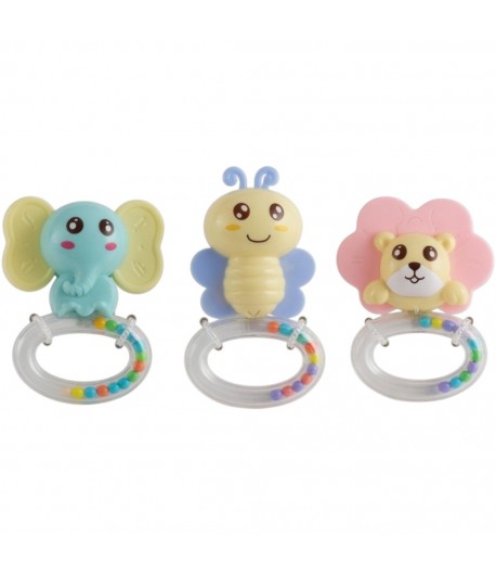 Set 3 Zornaitoare Pentru Bebelusi, Elefant, Albina Si Leu, Jucarii Dentitie Cu Inele Si Sunete, Jucarie Dezvoltare Motrica Si Se