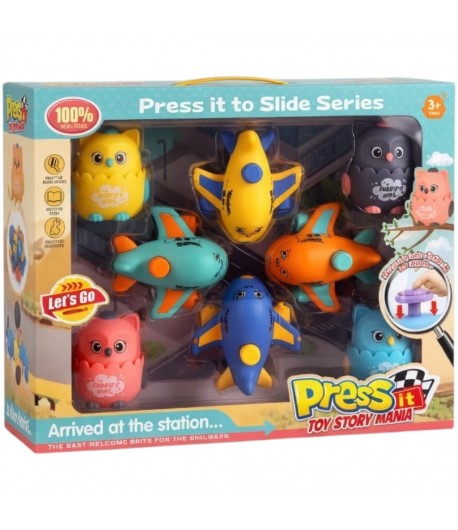 Set Jucarii Cu Apasare Press It 8 Piese, Jucarie Interactiva Cu Avioane Si Figurine Bufnite, Set Vehicule Aeriene Cu Functie Pus