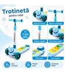 Trotineta Pliabila pentru Copii cu 3 Roti LED, Model Broscuta cu Ghidon Reglabil pe 4 Niveluri, Sistem de Viraj prin Inclinare, 