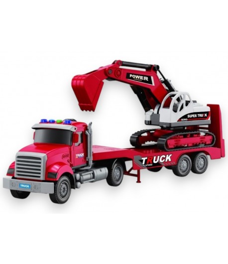 Camion american cu frictiune si excavator inclus, jucarie copii cu lumini si sunete, tir constructii cu utilaj, camion transport