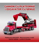 Camion american cu frictiune si excavator inclus, jucarie copii cu lumini si sunete, tir constructii cu utilaj, camion transport