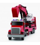 Camion american cu frictiune si excavator inclus, jucarie copii cu lumini si sunete, tir constructii cu utilaj, camion transport
