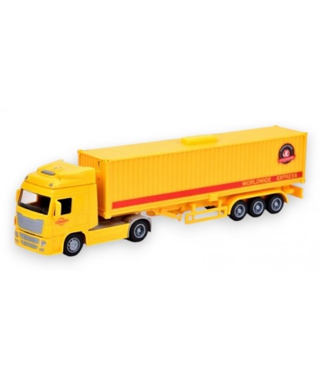 Camion Jucarie cu Remorca Tip Tir Inertial Galben 1:50 cu Lumini si Sunete, Container Detasabil, Cabina Rotativa 180°, Camion Co