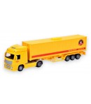 Camion Jucarie cu Remorca Tip Tir Inertial Galben 1:50 cu Lumini si Sunete, Container Detasabil, Cabina Rotativa 180°, Camion Co