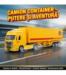 Camion Jucarie cu Remorca Tip Tir Inertial Galben 1:50 cu Lumini si Sunete, Container Detasabil, Cabina Rotativa 180°, Camion Co