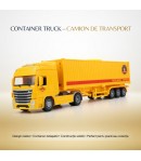 Camion Jucarie cu Remorca Tip Tir Inertial Galben 1:50 cu Lumini si Sunete, Container Detasabil, Cabina Rotativa 180°, Camion Co