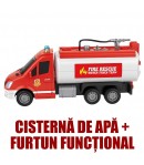 Masina de Pompieri Rosie 29 cm cu Sunete, Lumini si Furtun de Apa, Jucarie Interactiva Utilaj de Interventie pentru Copii, Vehic