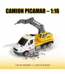 Masinuta cu Picamer cu Frictiune, Muzica si Lumini 29 cm, Jucarie Interactiva Utilaj de Demolare pentru Copii, Vehicul cu Ciocan
