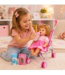 Papusa Baby Doll cu Carucior pentru Copii, Set Jucarie cu Papusa Bebelus si Accesorii pentru Ingrijire, Carucior Pliabil pentru 