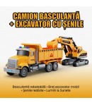 Set Camion cu Excavator, Sunete si Lumini, Jucarie Interactiva Utilaj de Santier pentru Copii, Vehicul de Constructii cu Brat Mo