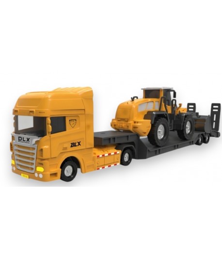 Tir cu Platforma si Buldozer, Jucarie Interactiva Realistica pentru Copii, Vehicul de Transport, Utilaje de Santier cu Remorca, 
