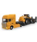 Tir cu Platforma si Buldozer, Jucarie Interactiva Realistica pentru Copii, Vehicul de Transport, Utilaje de Santier cu Remorca, 