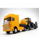 Tir cu Platforma si Buldozer, Jucarie Interactiva Realistica pentru Copii, Vehicul de Transport, Utilaje de Santier cu Remorca, 