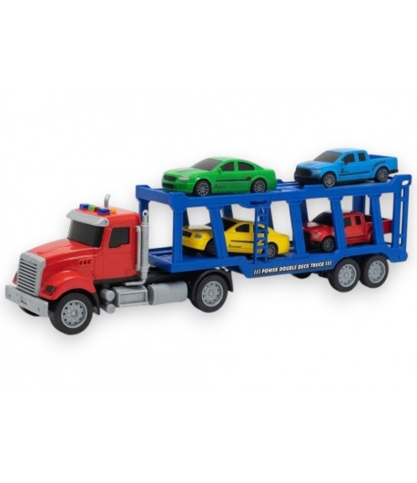 Trailer cu Frictiune, Lumini si Sunete + 4 Masinute Incluse, Jucarie Interactiva Camion Remorca pentru Copii, Vehicul de Transpo