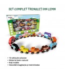 Trenulet din Lemn cu 12 Vehicule si Carlige de Prindere, Multicolor, t Tren Jucarie Educativ Copii 12 Luni+, Trenulet din Lemn N