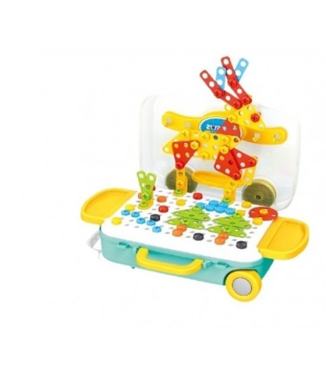 Jucarie educativa pentru copii, Set 258 piese, 6 in 1, Valiza cu bormasina, Multicolor