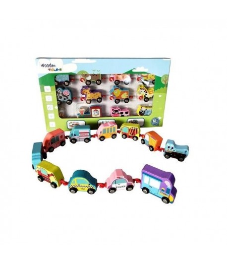 Trenulet din Lemn cu 12 Vehicule si Carlige de Prindere, Multicolor, t Tren Jucarie Educativ Copii 12 Luni+, Trenulet din Lemn N