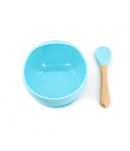 Set 2 piese diversificare bebelusi si copii din silicon bol cu ventuza, lingurita din lemn si silicon, pentru gustari, f