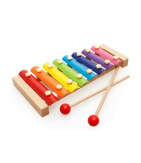 Instrument Muzical Xilofon din Lemn, 8 Note Muzicale, 2 Bete de Percutie, 4-6 Ani, Multicolor Pastel