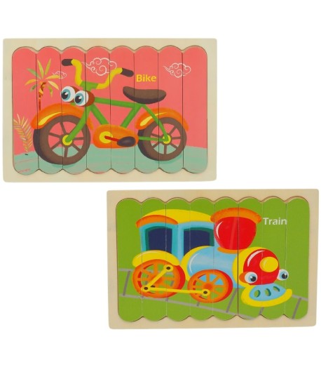 Puzzle educativ din lemn cu 2 fete, bicicleta si tren, 22 x 14 cm, 8 piese, denumire lb. engleza