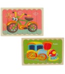 Puzzle educativ din lemn cu 2 fete, bicicleta si tren, 22 x 14 cm, 8 piese, denumire lb. engleza