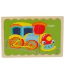 Puzzle educativ din lemn cu 2 fete, bicicleta si tren, 22 x 14 cm, 8 piese, denumire lb. engleza