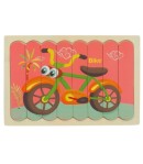 Puzzle educativ din lemn cu 2 fete, bicicleta si tren, 22 x 14 cm, 8 piese, denumire lb. engleza