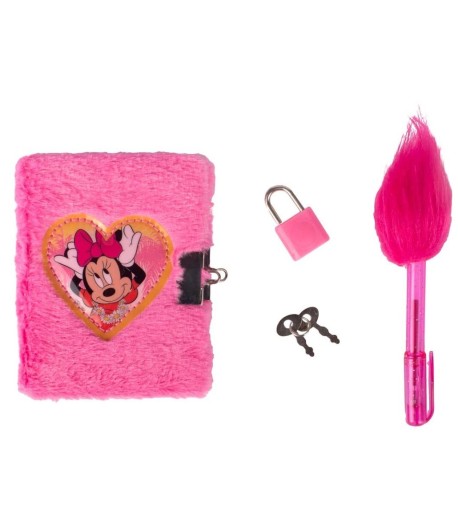 Jurnal din Plush cu lacat si pix pufos, Minnie Mouse, 11 cm, Roz