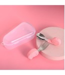 Set tacamuri pentru bebelusi, lingura si furculita, Inox/silicon, 1-3 ani, Model cu animale, Roz