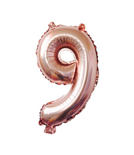 Balon din Folie Cifra 9, 81 cm, Pentru Aer sau Heliu, Bulk, Roz Auriu