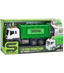 Camion de gunoi cu pubele de jucarie, lumini si sunete, Scara 1:16, Plastic, 3+ ani, Verde/Alb