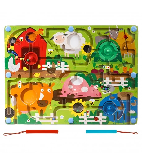 Joc Montessori de Sortare Culori, Creion Magnetic, Tip Labirint Ilustrat, din Lemn, Model Ferma, 39x29x1.5 cm