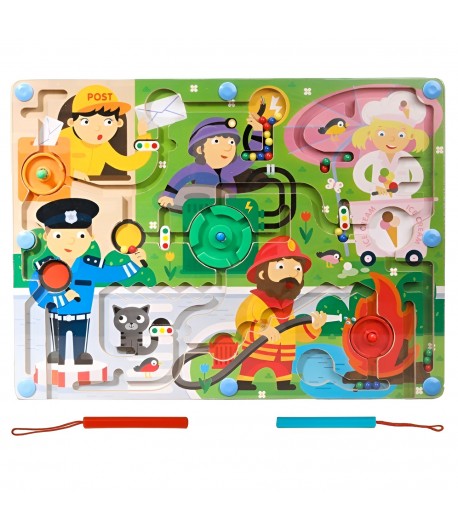 Joc Montessori de Sortare Culori, Creion Magnetic, Tip Labirint Ilustrat, din Lemn, Model Meserii, 39x29x1.5 cm