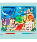 Joc Montessori de Sortare Culori, Creion Magnetic, Tip Labirint Ilustrat, din Lemn, Model Animale Marine, 39x29x1.5 cm