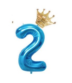 Balon din Folie Metalizata Figurina Cifra si Coroana, Tema Aniversare 100 cm, Albastru, Cifra 2