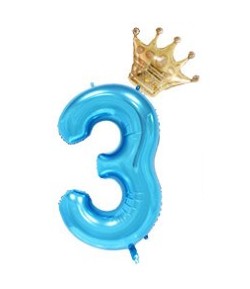 Balon din Folie Metalizata Figurina Cifra si Coroana, Tema Aniversare 100 cm, Albastru, Cifra 3