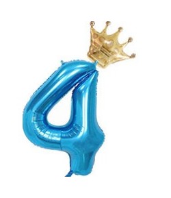 Balon din Folie Metalizata Figurina Cifra si Coroana, Tema Aniversare 100 cm, Albastru, Cifra 4