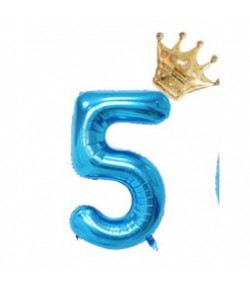 Balon din Folie Metalizata Figurina Cifra si Coroana, Tema Aniversare 100 cm, Albastru, Cifra 5