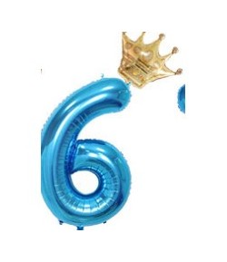 Balon din Folie Metalizata Figurina Cifra si Coroana, Tema Aniversare 100 cm, Albastru, Cifra 6