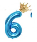 Balon din Folie Metalizata Figurina Cifra si Coroana, Tema Aniversare 100 cm, Albastru, Cifra 6