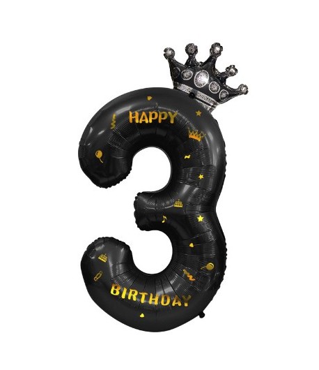 Balon din Folie Metalizata Figurina Cifra si Coroana, Scris Happy Birthday, Tema Aniversare 100 cm, Negru, Cifra 3